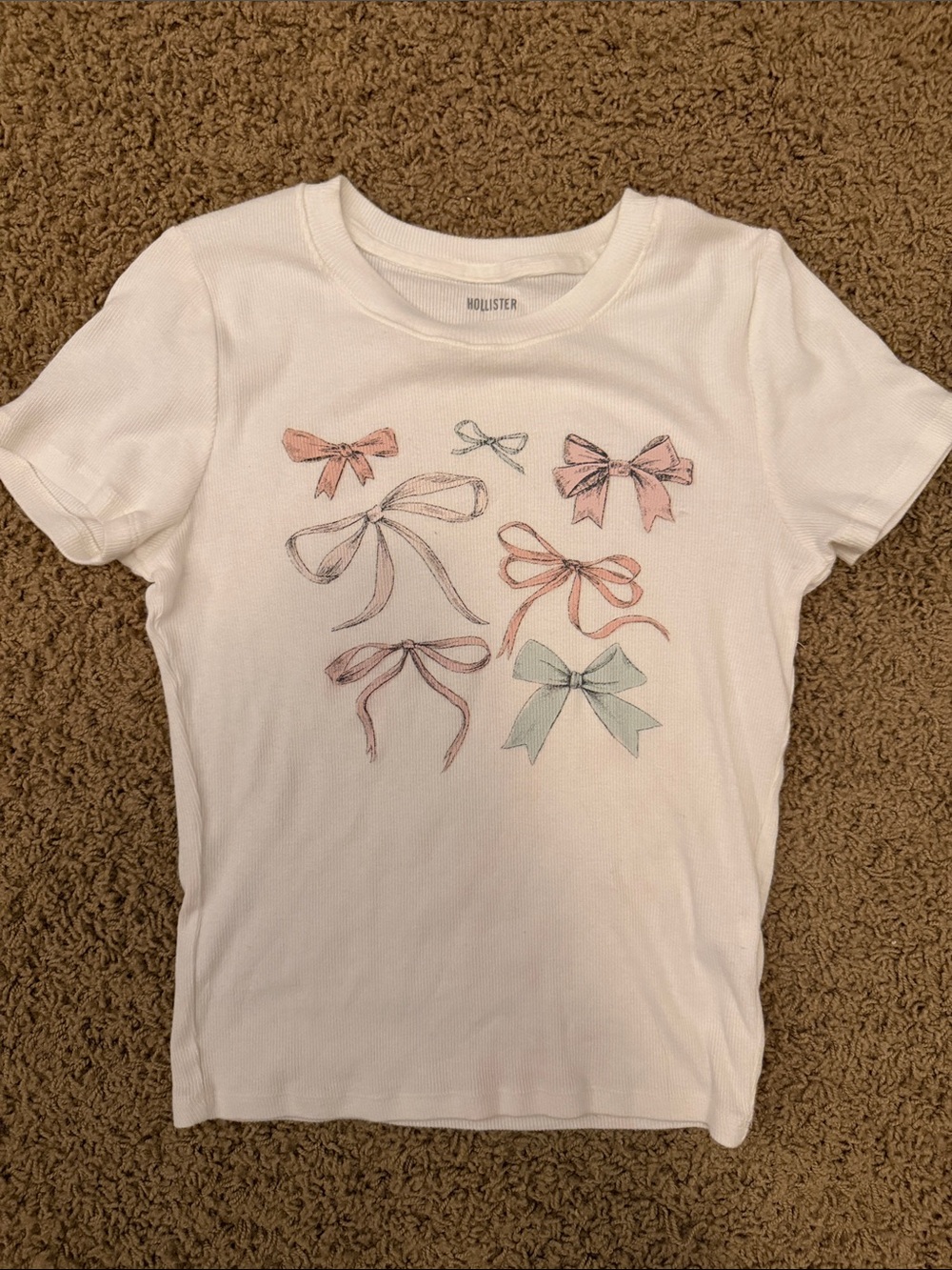 Hollister White Long Sleeve Tee with Pastel Bow Artwork